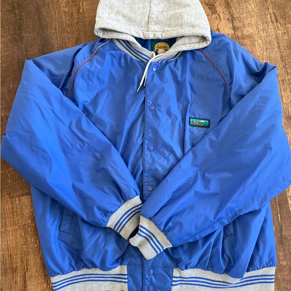 Vintage CABELAS Bomber Jacket Mens XL Puffy Shell W/ Hood Blue Gray Zip Up